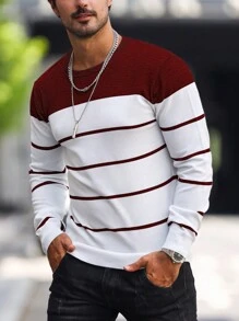 Manfinity Mode Men's Striped Long Sleeve Sweater, For Fall Winter - Burgundy - View 1