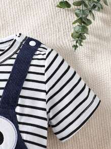 男婴条纹拼接泰迪熊刺绣连体衣 - 藍色 - 查看 6