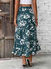 SHEIN LUNE 女款花卉荷葉邊半身裙 - 綠色 - 查看 2