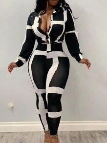 Slaydiva Conjunto elegante y casual de pantalones y blusa de manga larga a cuadros con tirantes para mujer - Blanco y Negro - Ver 5