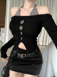 DAZY 二合一拼接挂脖镂空开衩套头长袖毛衣，秋装 - 黑色 - 查看 5