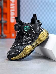 1pair Unisex Youth Basketball Shoes, Four Seasons, Metal And Gold Color, Buckle Closure - Black - View 1