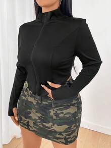 Flirla 大尺碼女款黑色拉鍊夾克 - 黑色 - 查看 3