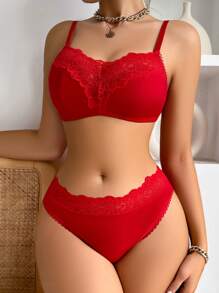Women's Solid Color Splicing Lace Lingerie Set, Bra & Panty Set Bridallingerie - Red - View 5
