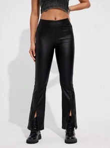 SHEIN Unity Women Casual Solid Color Split Hem Slim Fit Pants Fall Cloth For Women - Black - View 4