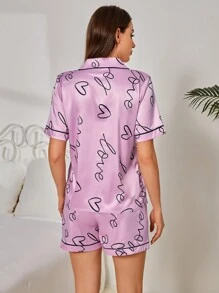 Women'S Heart Print Short Sleeve Pajama Set With Shorts - Pink - View 2
