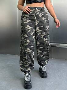 SHEIN ICON 大碼y2k迷彩高腰運動褲,帶貨櫃口袋 - 軍綠色 - 查看 6