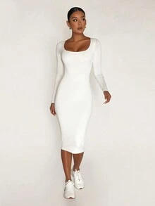 Scoop Cổ Chất rắn Váy bodycon - trắng - Xem 4