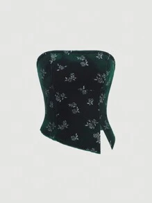 SHEIN MOD Women's Floral Printed Side Split Tube Top - Dark Green - View 1