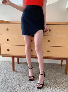 EastFlair 女士百搭不对称下摆修身紧身黑色半身裙