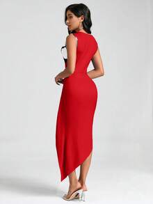 SHEIN Clasi 女士花卉印花扭结不对称下摆连衣裙 - 紅色 - 查看 2