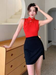 EastFlair 女士百搭不对称下摆修身紧身黑色半身裙