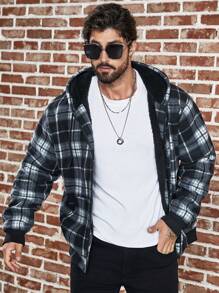 Áo khoác nam cỡ lớn kẻ caro có mũ lót nhiệt có dây rút - Đen và trắng - Xem 7