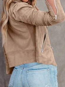 Chiquease Women Suede Zip-Up Motorcycle Jacket With Multiple Zipper Decorations - Khaki - View 2