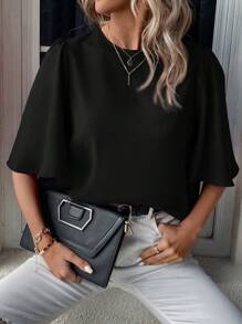 EMERY ROSE Solid Round Neck Medium Sleeve Shirt - Black - View 3