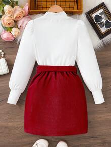 SHEIN Conjunto De Dos Piezas De Con Bordado De Corazón De Amor Y Franela Para Niñas Jóvenes - Rojo - Ver 2