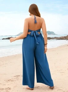 SHEIN VCAY Plus-Size Halter Neck Backless Strap Jumpsuit - Blue - View 2