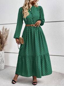 SHEIN LUNE All Over Printed Lantern Sleeves Dress Maxi Women Outfit - Multicolor - View 4