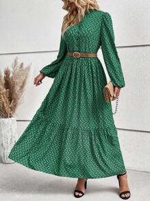 SHEIN LUNE All Over Printed Lantern Sleeves Dress Maxi Women Outfit - Multicolor - View 6