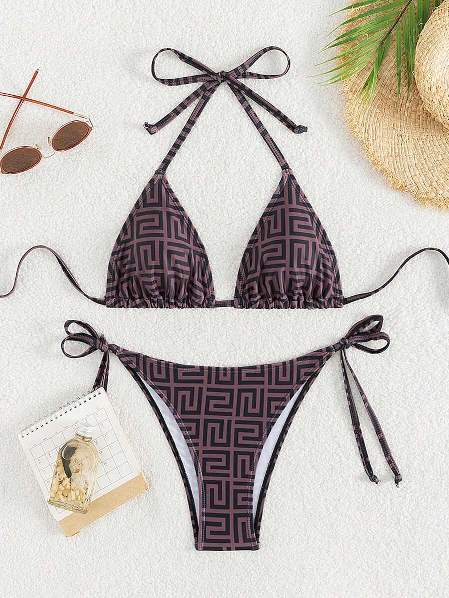 Swim Chiccia Summer Beach Women's Geometric Printed Triangle Halter Bra & Swim Bottom Bikini Set Bathing Suit - Multicolor - View 1