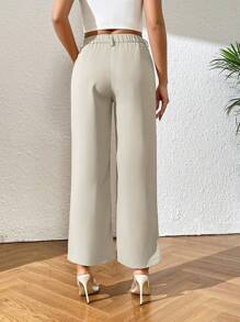SHEIN PETITE Solid Color Straight-Leg Pants - Beige - View 2