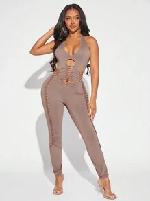 SHEIN SXY Women'S Cross Strap Halter Neck Tight Jumpsuit - Dusty Purple - View 5