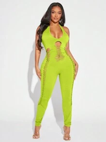 SHEIN SXY 女士露背連身緊身跳躍裝 - 黃色 - 查看 3