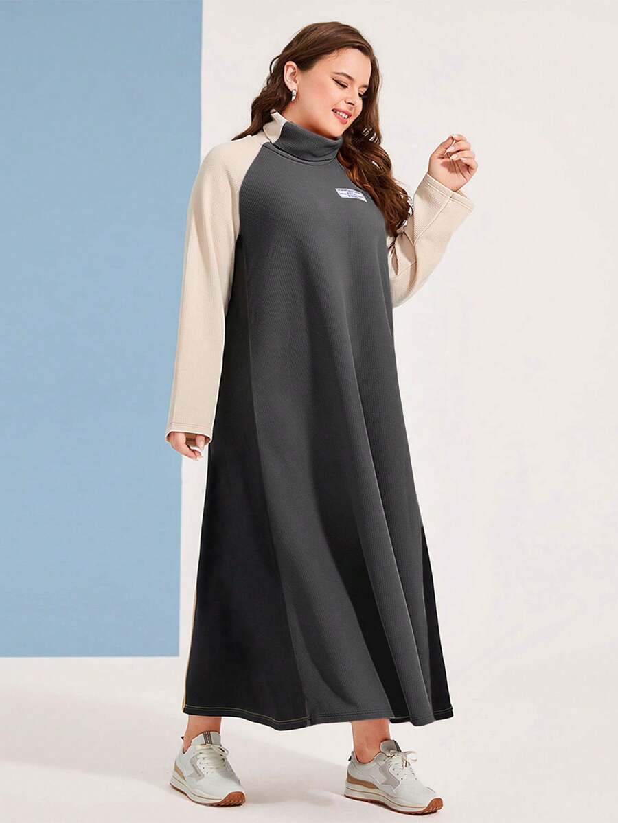 Mulvari Kích thước lớn Màu sắc Chặn Ống cổ Raglan Tay áo dài Đầm - Màu xám đen - Xem 1