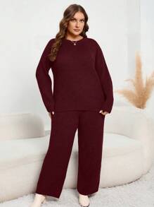 SHEIN LUNE Plus Size Women's Round Neck Drop Shoulder Sweater And Sweater Pants Set - Burgundy - View 3
