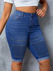 SHEIN SXY Kích thước lớn Nhấn Thon gọn Quần short Denim - Rửa tối - Xem 3