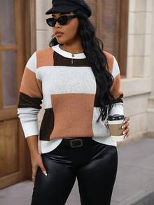 Calvaya 女款大尺碼對比色圓領休閒毛衣 - 彩色 - 查看 6