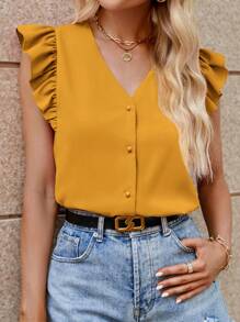 SHEIN Clasi Women's V-Neck Striped Shirt With Flutter Sleeves Shirts Summer Women Shirts - Yellow - View 3