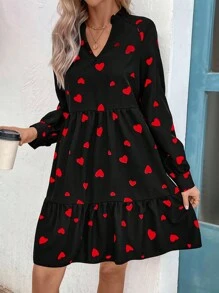 SHEIN LUNE Ladies Heart Pattern Doll Style Loose Dress Fall Cloth For Women - Black - View 6