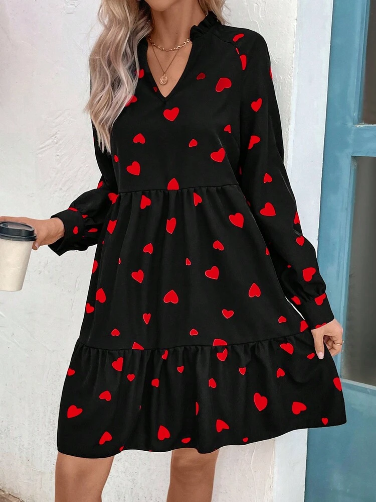 Ladies Heart Pattern Doll Style Loose Dress Fall Cloth For Women