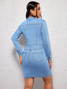 SHEIN ICON Women'S Short Sleeve Denim Shirt Dress - Medium Wash - View 2