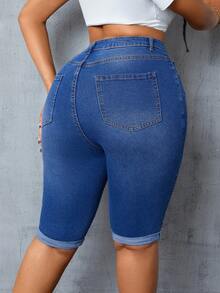 SHEIN SXY Kích thước lớn Nhấn Thon gọn Quần short Denim - Rửa tối - Xem 2