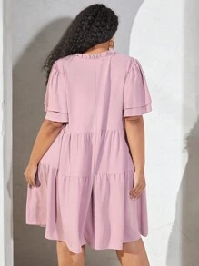 SHEIN CURVE+ 大尺碼女用荷葉邊袖娃娃裝連身裙 - 藕粉色 - 查看 2