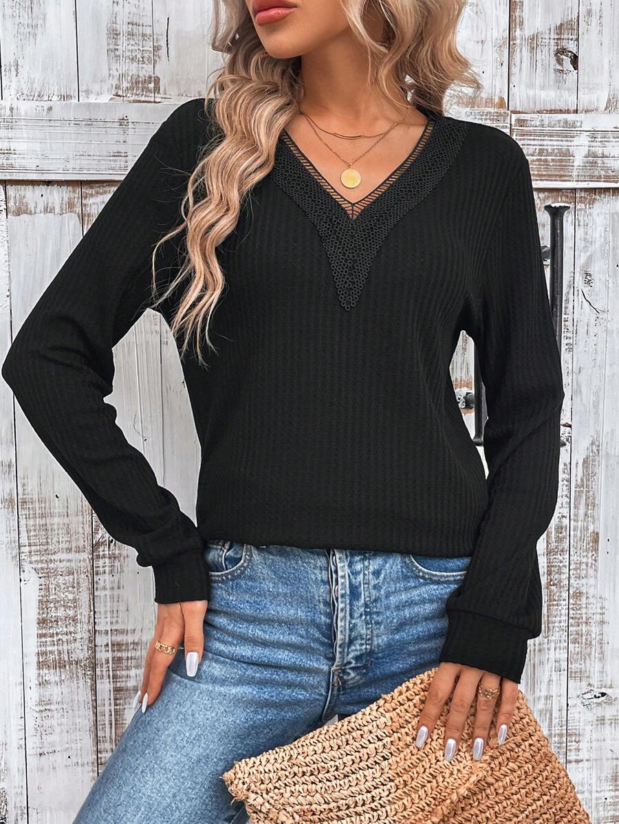 SHEIN LUNE 女士蕾絲和編織細節v領運動衫 - 白色 - 查看 1