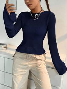 SHEIN Unity 百搭性感喇叭袖针织套头衫，适合秋冬季穿着 - 藏蓝色 - 查看 1