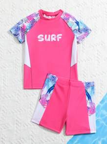 年輕少女熱帶字母印花短袖上衣和短褲泳裝套裝 - 彩色 - 查看 6