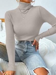 Aidyla Turtleneck Ribbed Knit Sweater Without Necklace,Long Sleeve Tops Knit Pullover Fall Winter Outfit - Grey - View 4
