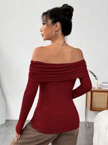 SHEIN EZwear Women's Solid Color Pleated Off Shoulder T-Shirt - Rose Red - View 2