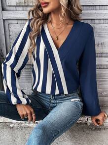 SHEIN Clasi 女性垂直條紋蘭蓬袖襯衫 - 彩色 - 查看 4