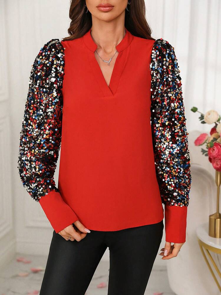 Women's Patchwork Sequined Long-Sleeve Notched V-Neck Shirt