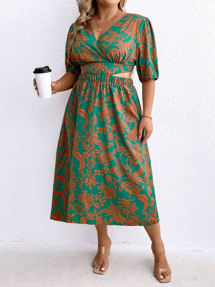 Plus Size Women's Full Printed Waist Hollow Dress