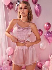 Lace Trimmed Valentine's Day Pajama Set For Women - Dusty Pink - View 1