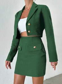 EURMUSE Turn-Down Collar Single-Breasted Suit Jacket And Skirt Set - Green - View 5