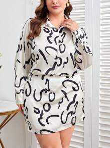 SHEIN Clasi Women's Plus Size All-Over Printed Shirt And Skirt Two-Piece Set - Black and White - View 4