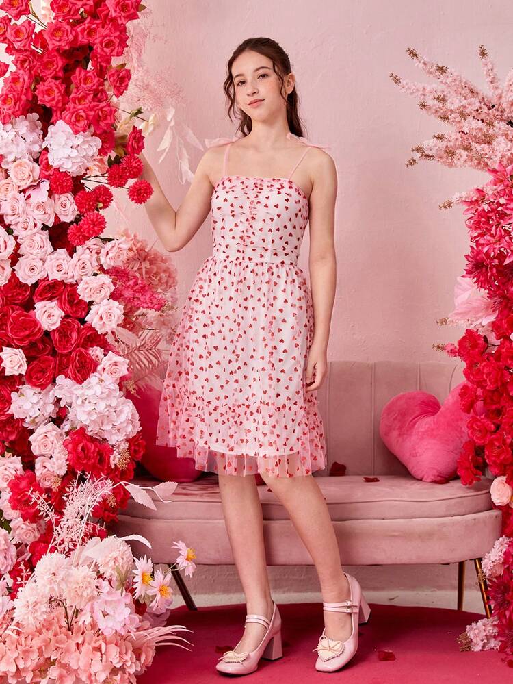 Teen Girls Contrast Mesh Love Printed Cami Dress