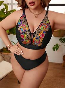 SHEIN Swim Curve Bộ bikini thêu hoa cỡ lớn dành cho nữ Carnival Bãi biển mùa hè - Nhiều màu - Xem 1